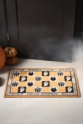 Hello Pumpkin Halloween Checkered Printed Coir Doormat