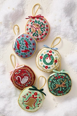 Embroidered Holiday Ornaments, Set of 6